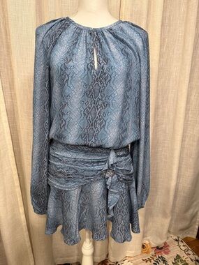 Ramy Brook Silk Snake Print Mini Dress Blue Gray Long Sleeve Ruched Waist